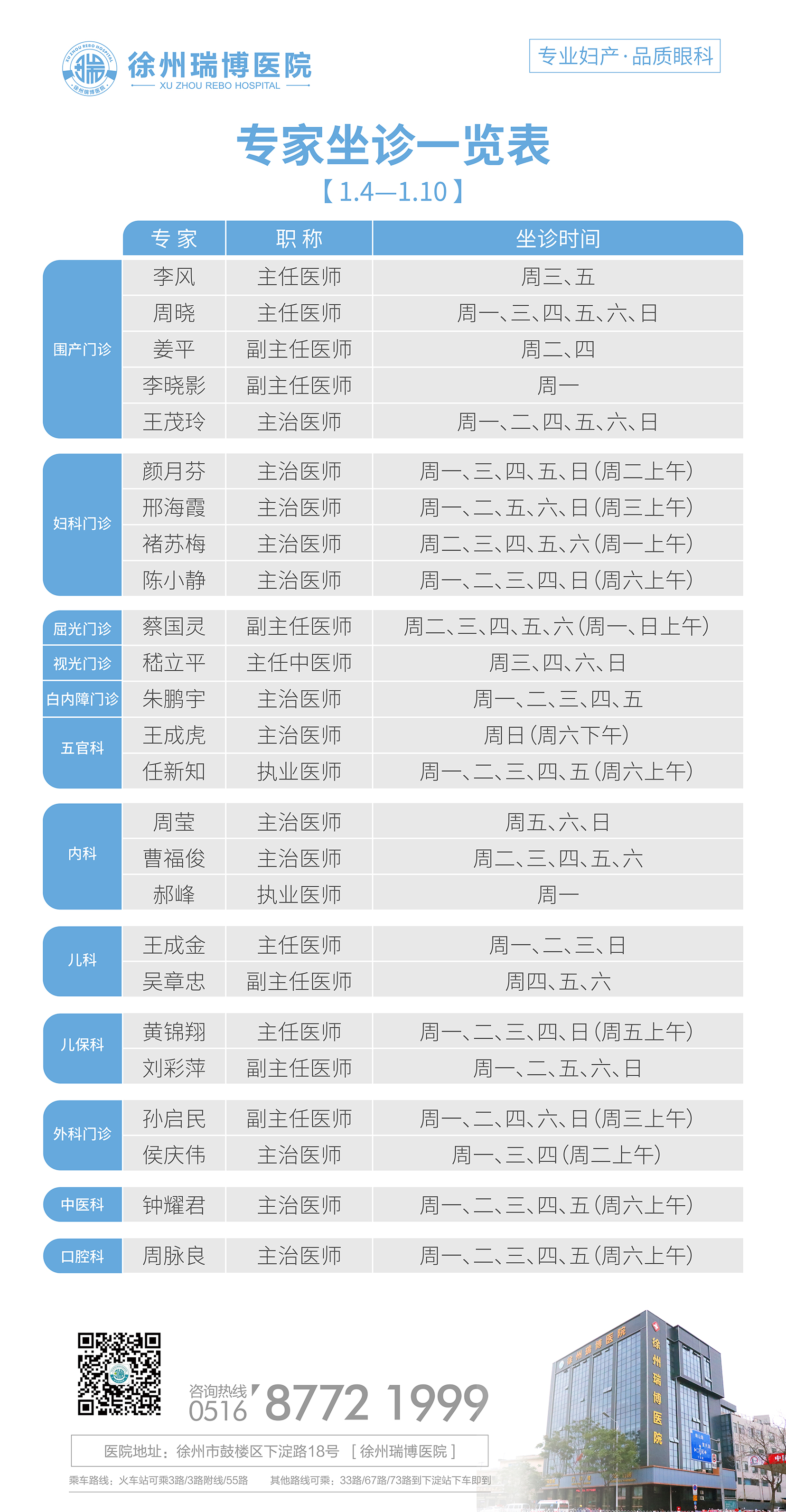 瑞博医院2021年1月4-2021年1月10日专家坐诊时间表，