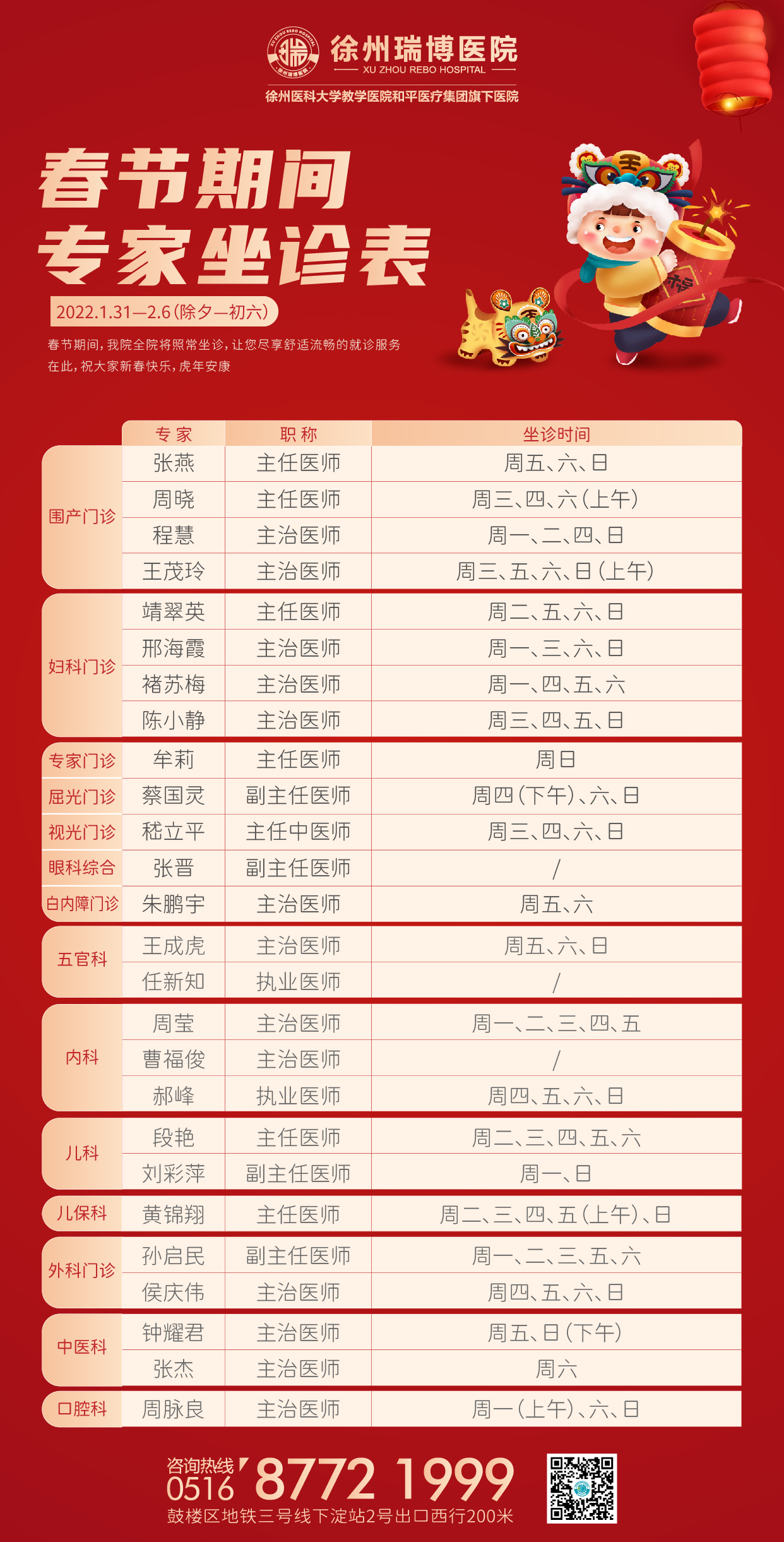2022年1月31日-2022年2月6日专家坐诊时间表，请查收！